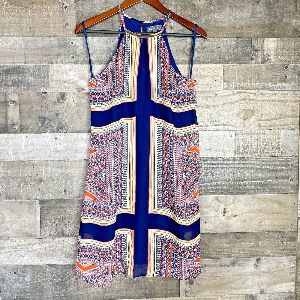 Luxology Dress Women's Size 6‎ Blue Blocks Sleeveless Flowy Lined Sleeveless